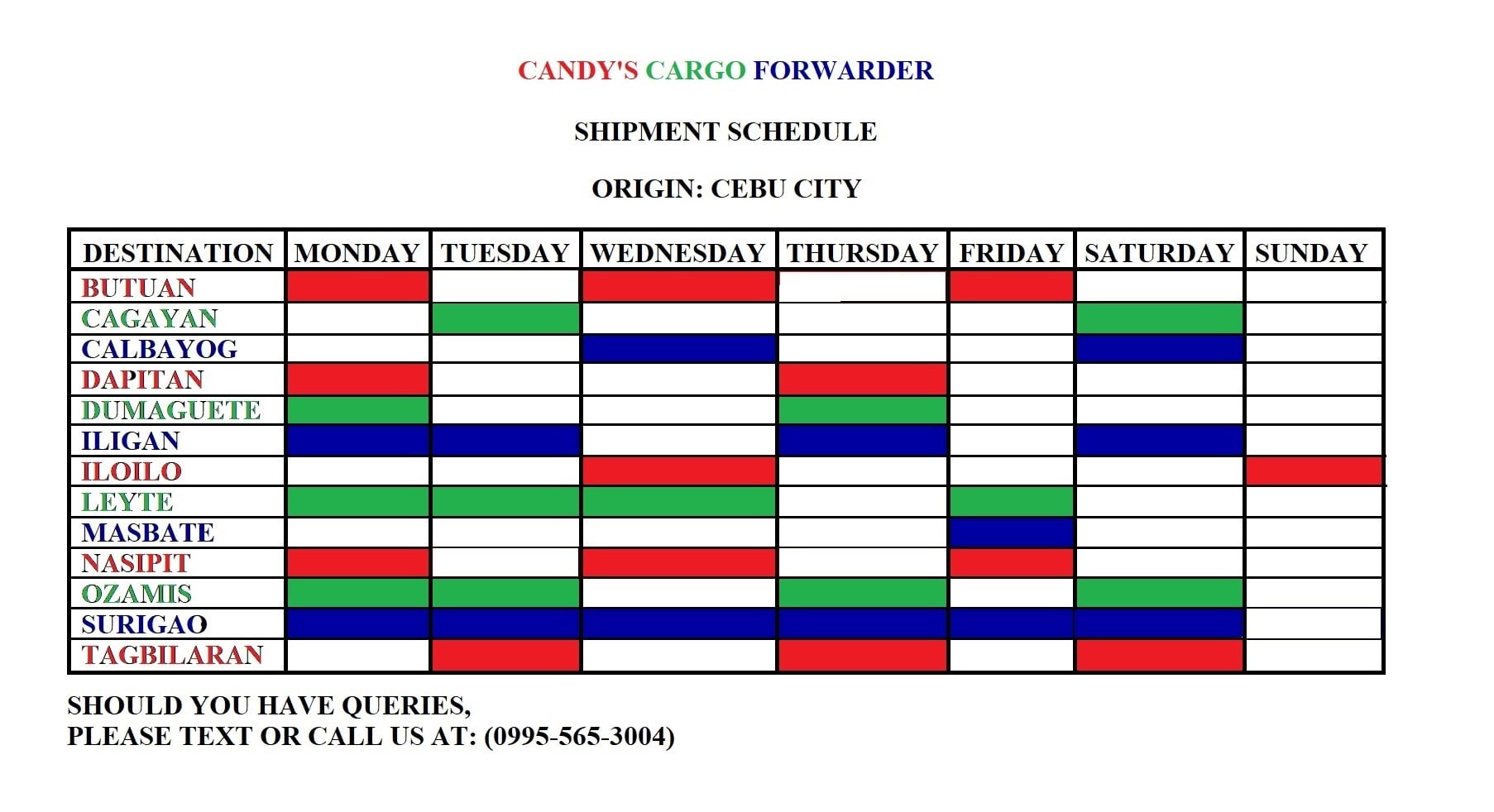 candy cargo forwarder shipment schedule